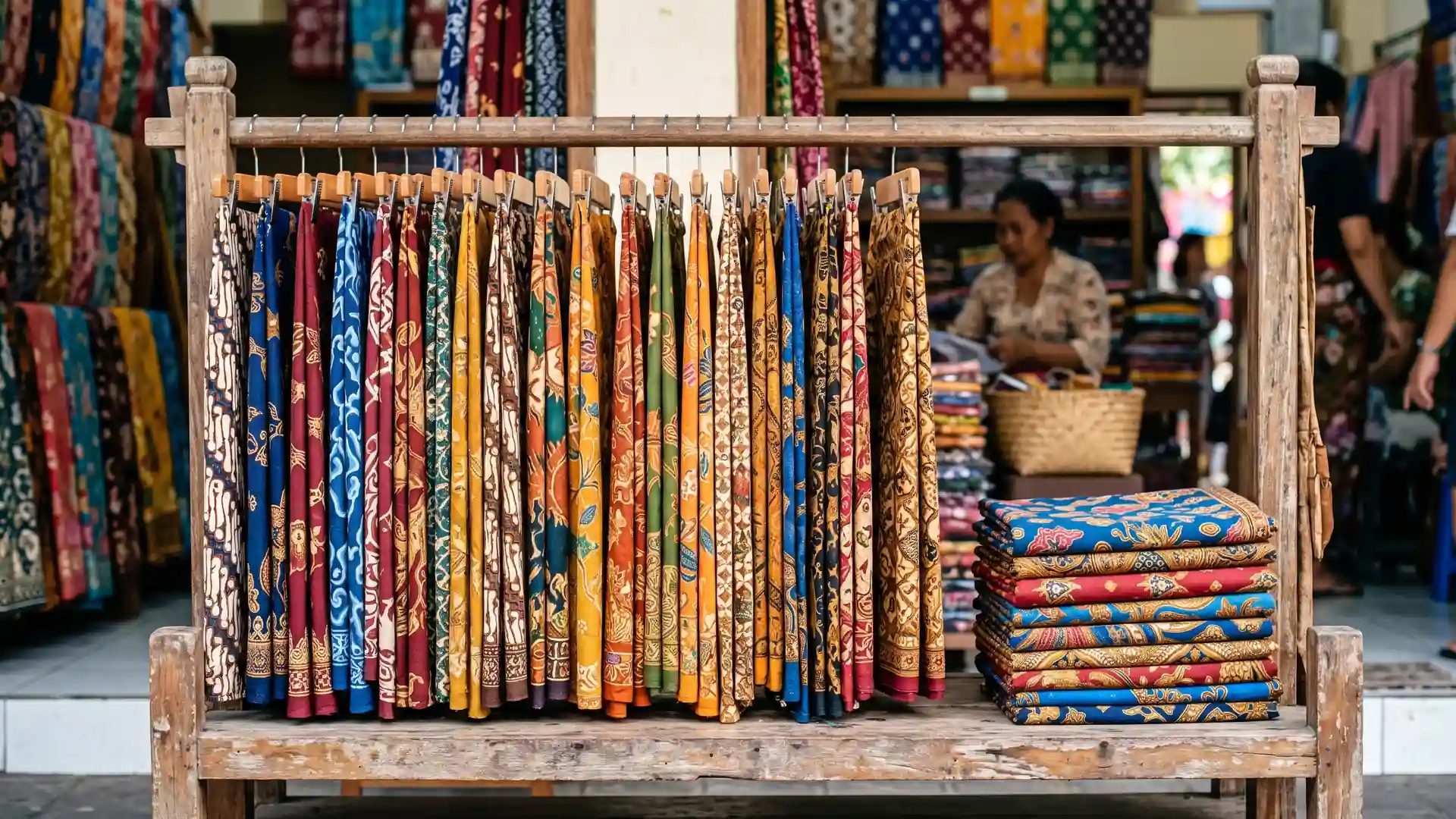 Colourful batik sarongs on a wooden display rack in Bali