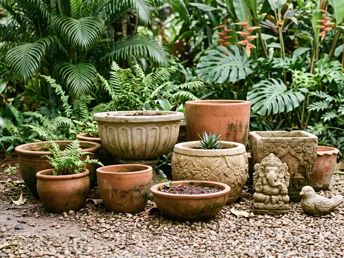 Terracotta and carved stone garden planters and ornaments from Bali