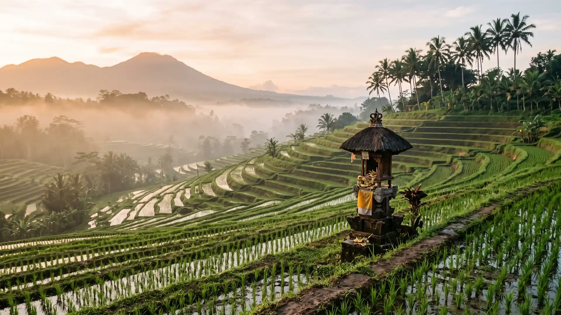 Terraced rice fields in Bali at sunrise