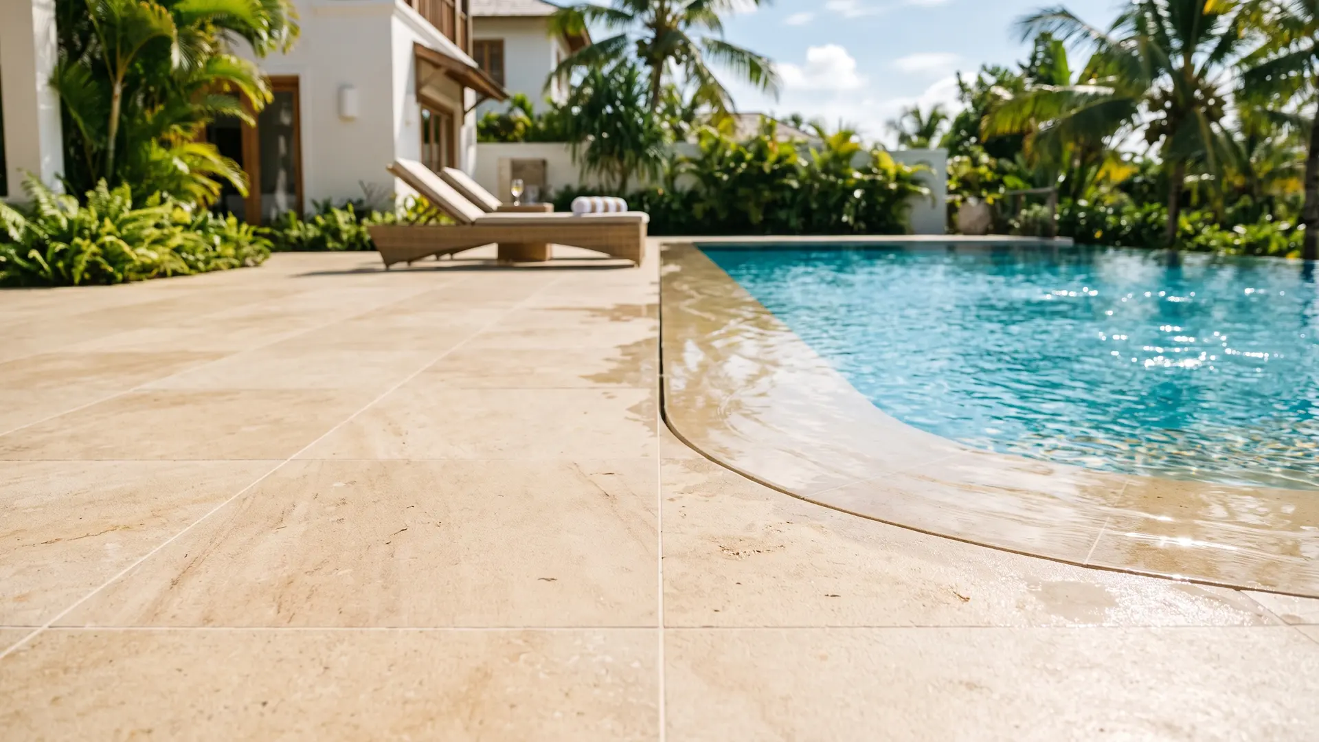 Bali limestone floor tiles beside a swimming pool
