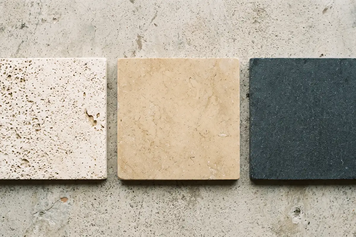 Three Bali natural stone samples side by side: paras, limestone, lavastone
