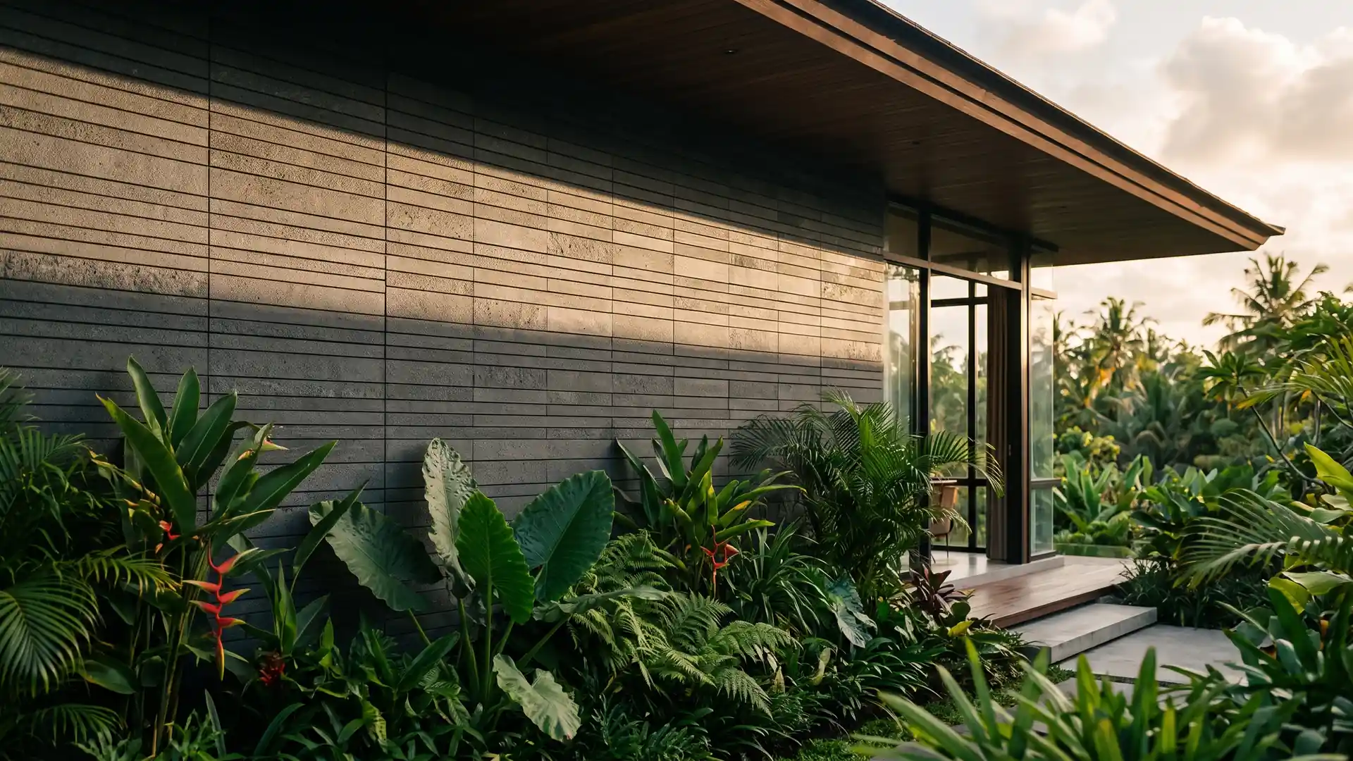 Dark natural stone wall cladding on a contemporary Bali building