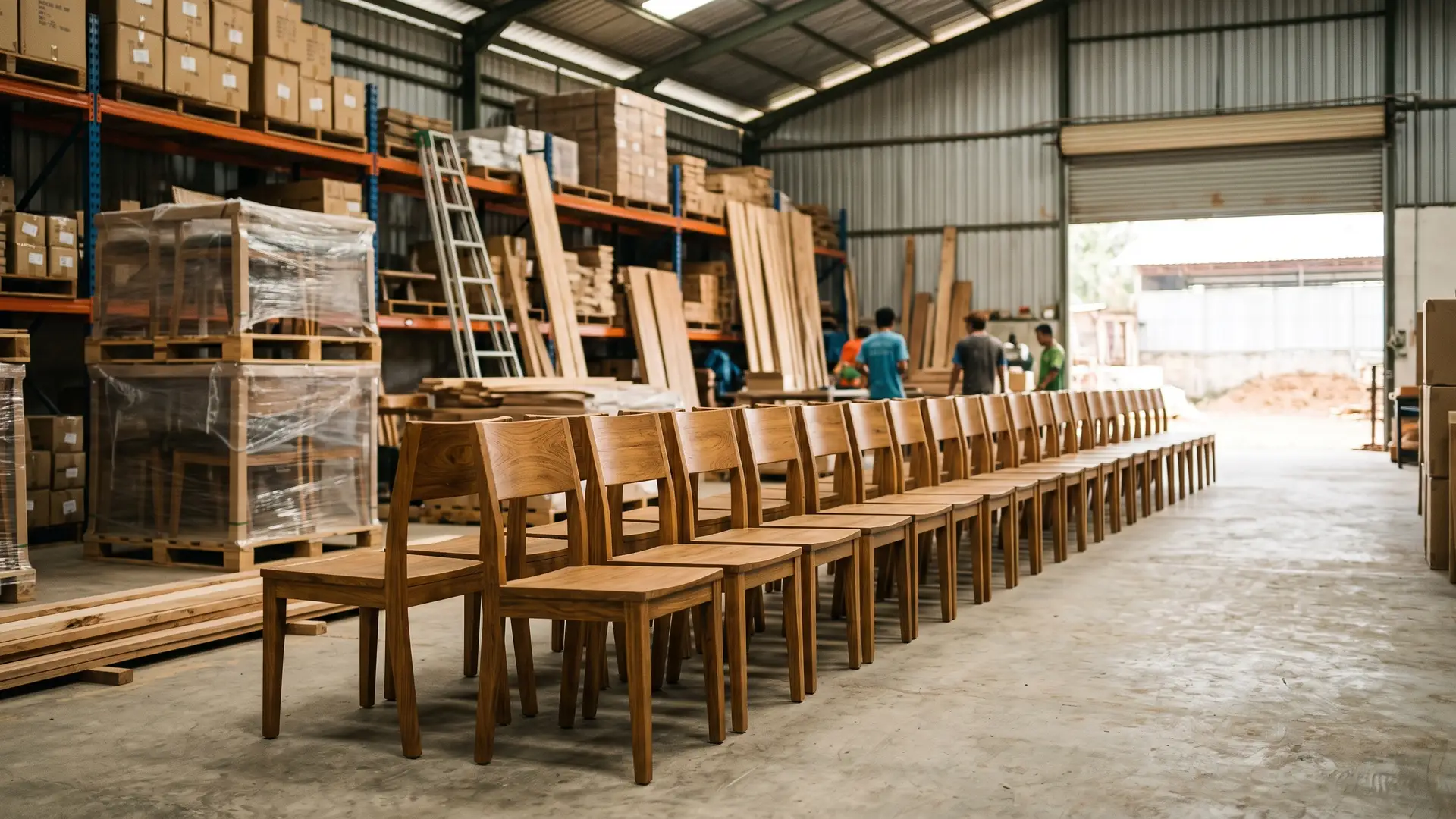 Row of finished teak chairs lined up for pre-shipment quality inspection