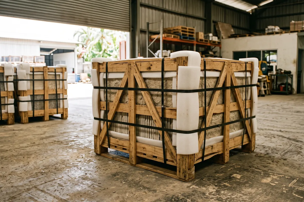 Building material stone tiles crated and export-ready
