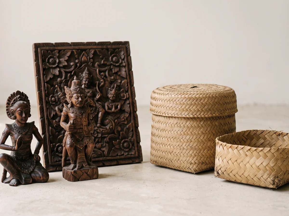 Balinese handicrafts, hand-carved wood figures and woven baskets