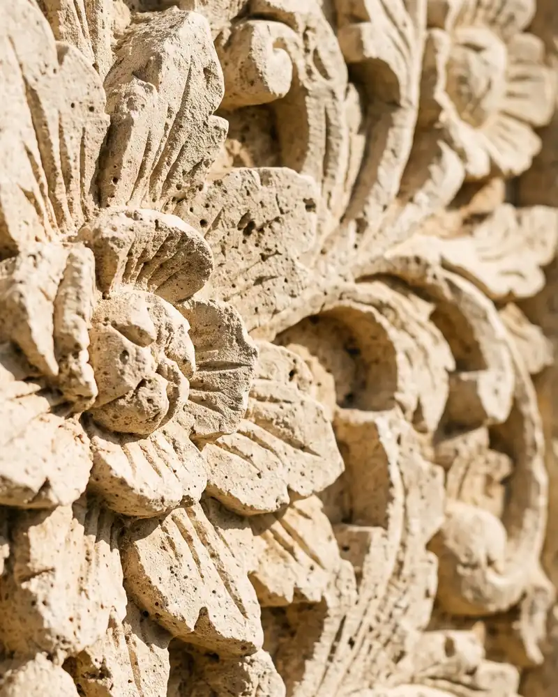 Close-up of hand-carved paras stone, chisel detail