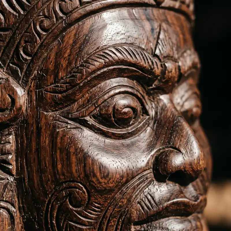 Close-up of a hand-carved Balinese wood sculpture, chisel detail