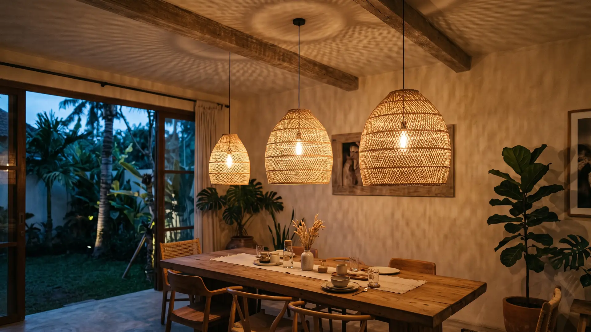 Handwoven rattan pendant lamps lit above a dining table
