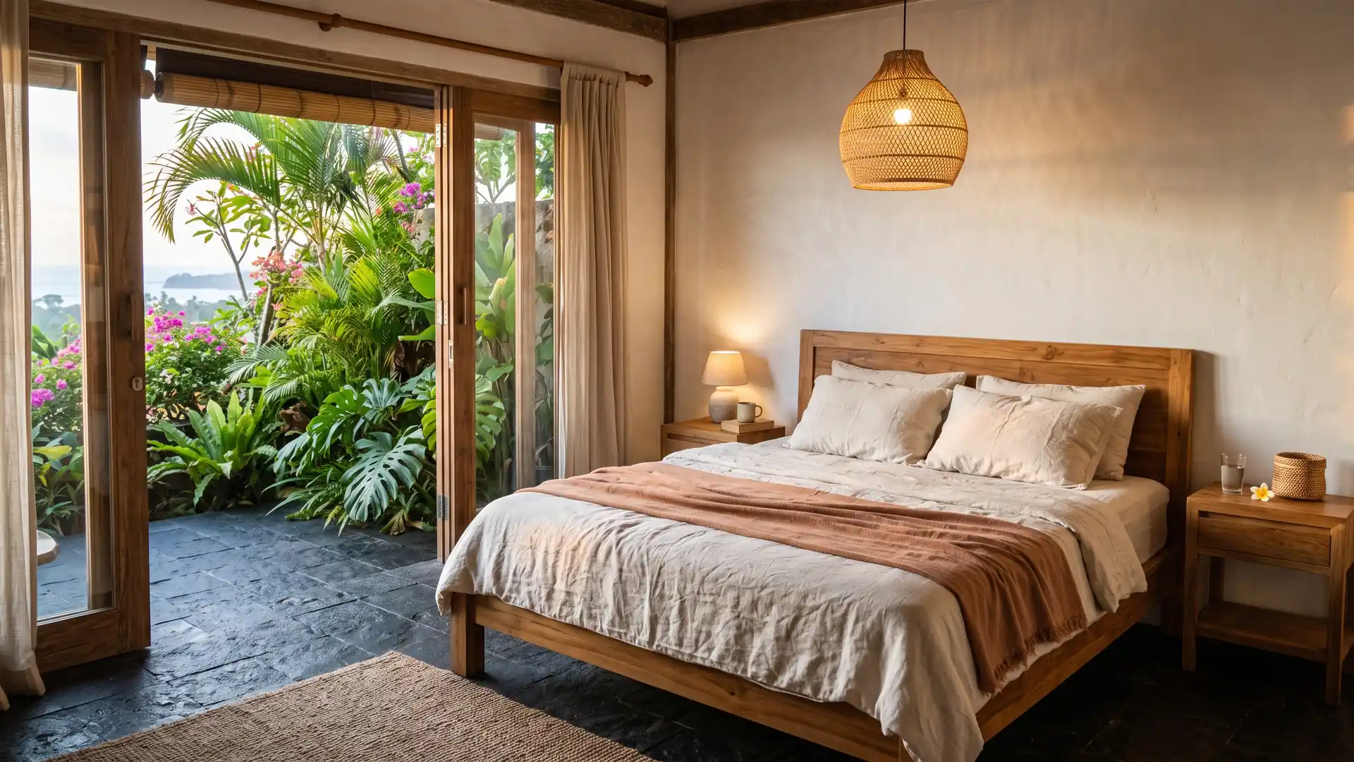 Boutique hotel suite interior furnished with Bali teak, rattan and stone