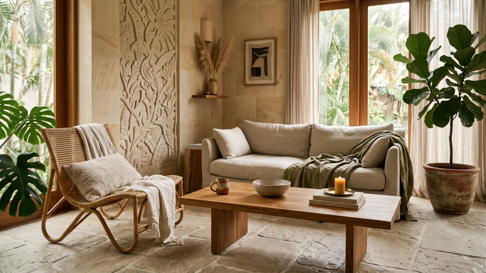 Designer living room combining Bali teak, rattan, limestone and carved stone