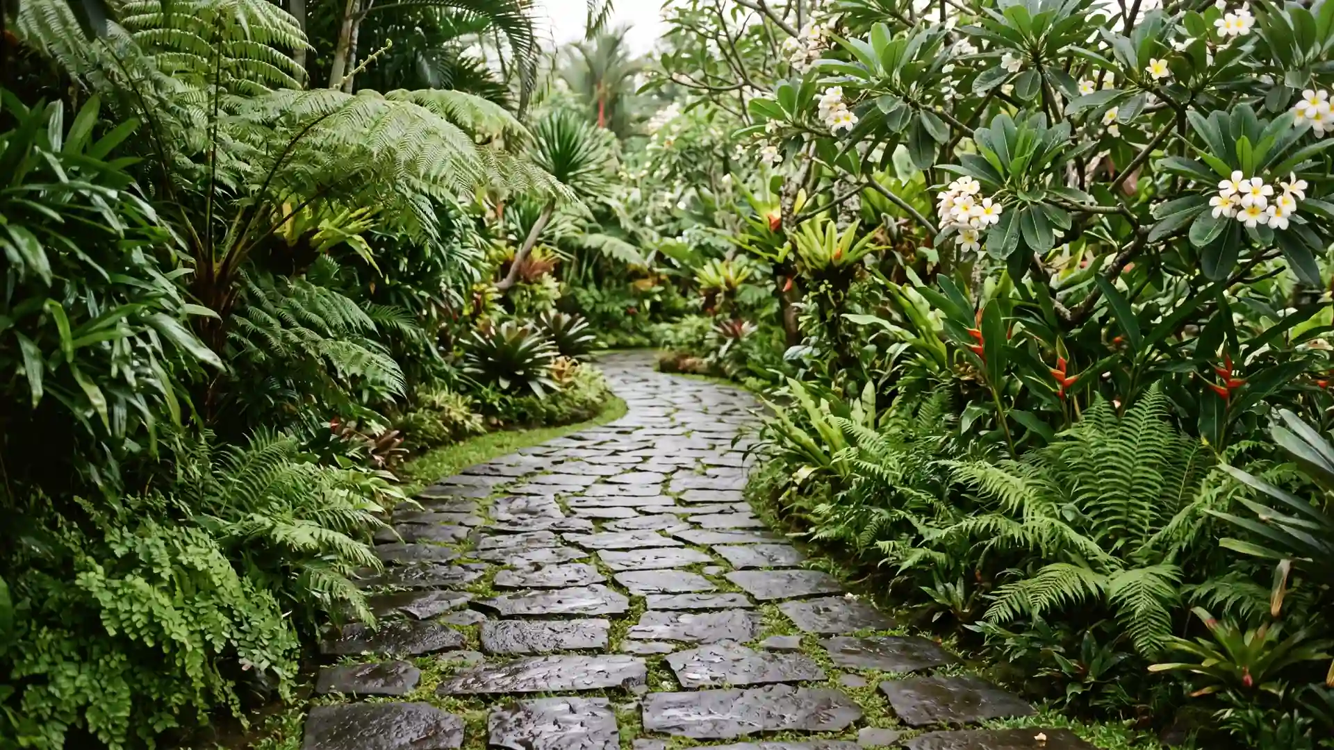 Dark stone pavers forming a garden pathway in Bali