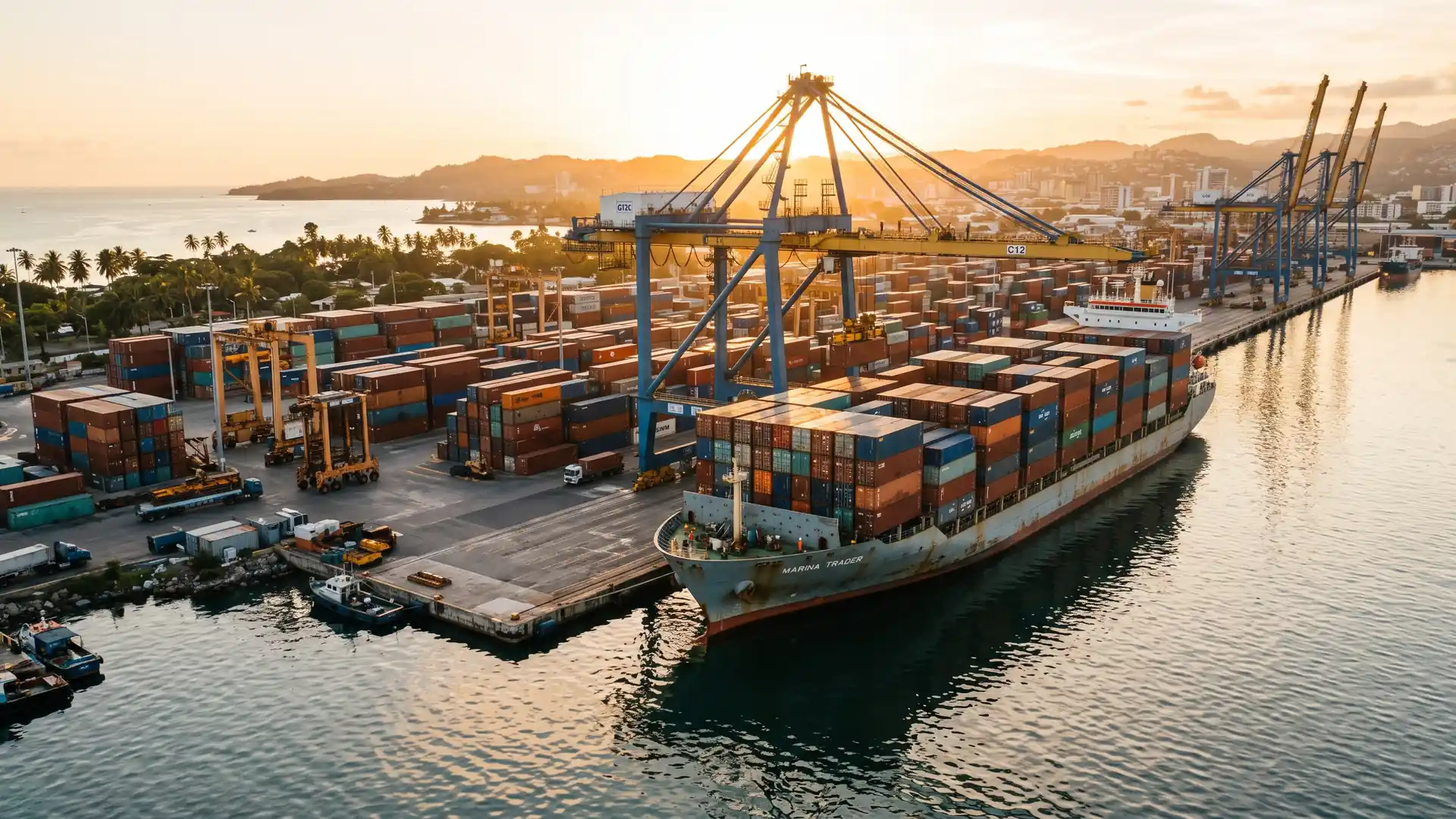 Container port at golden hour, ship at berth in Bali