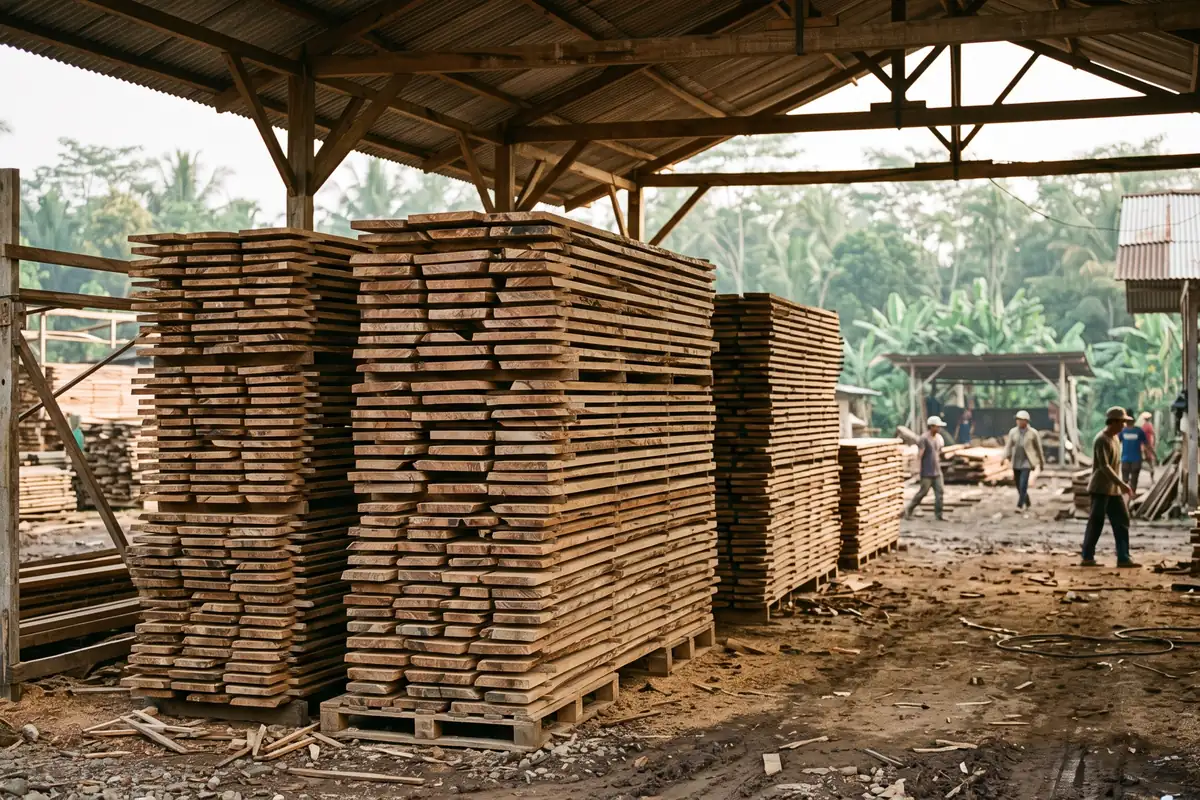 Freshly sawn teak planks air-drying in an Indonesian timber yard