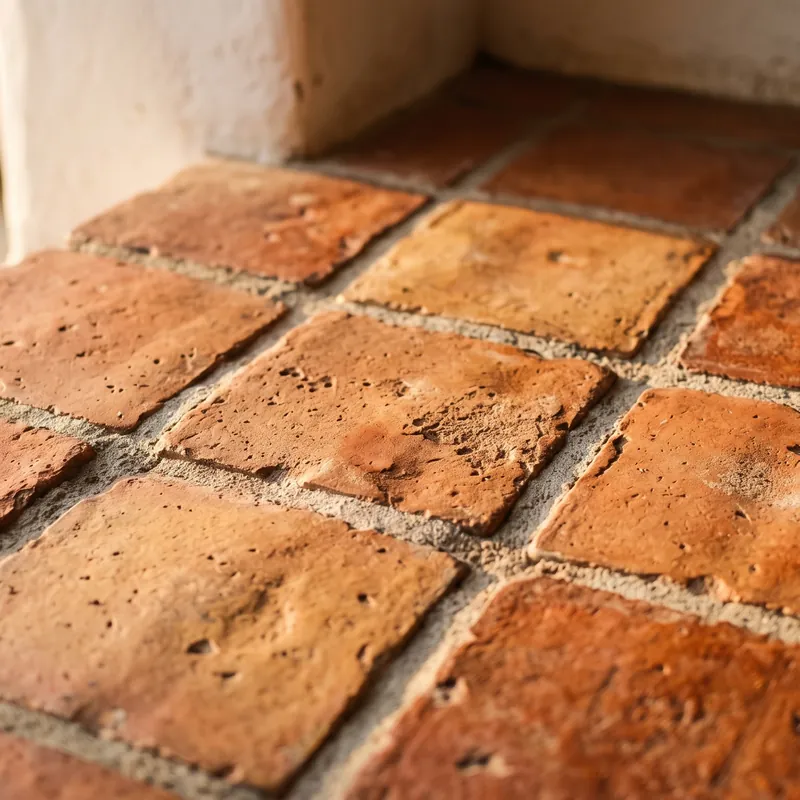 Close-up of handmade terracotta floor tiles from Bali