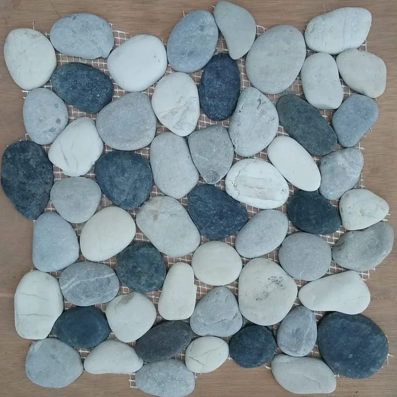 Mixed black and white pebble mosaic tile sheet, sourced by ExportBali