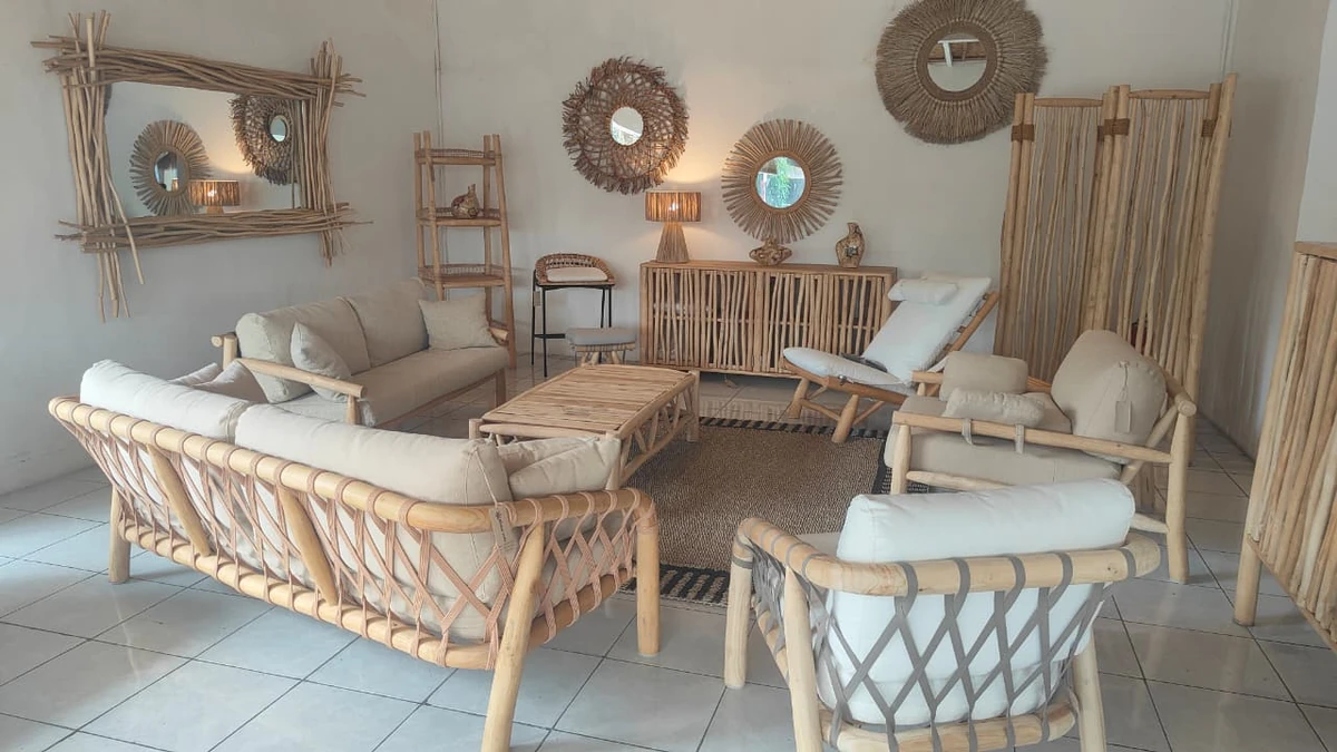 Rattan and teak lounge set in a Bali supplier showroom, sourced by ExportBali