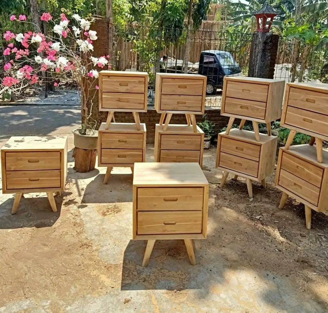 Batch of teak bedside tables finished at a Bali workshop, sourced by ExportBali